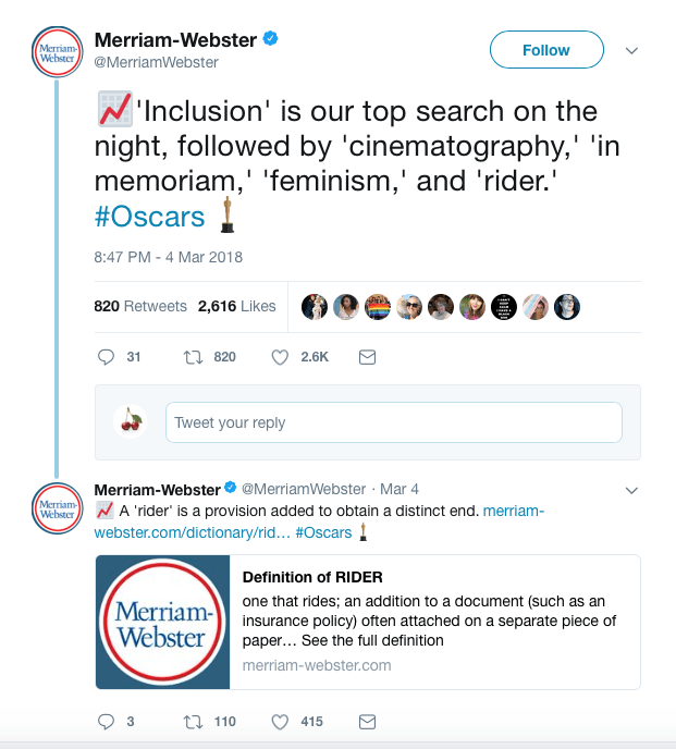 Merriam-Webster 'Inclusion' Tweet, Oscars 2018 (Twitter)