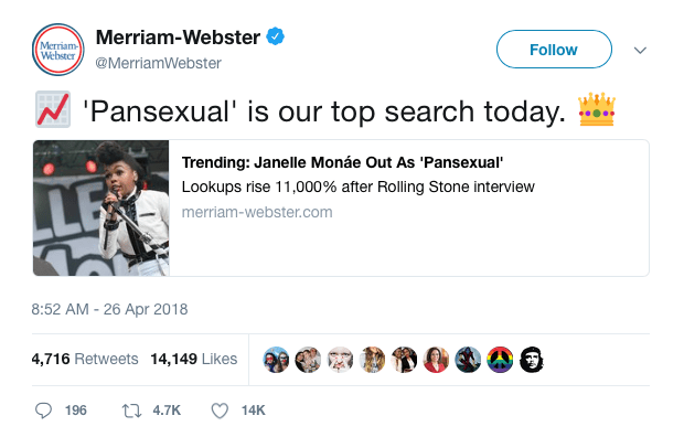 Merriam-Webster's tweet about searches for pansexuality (Twitter)