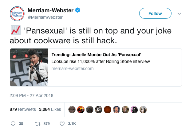 Merriam-Webster's tweet about the staying power of "pansexual" as a search term (Twitter)